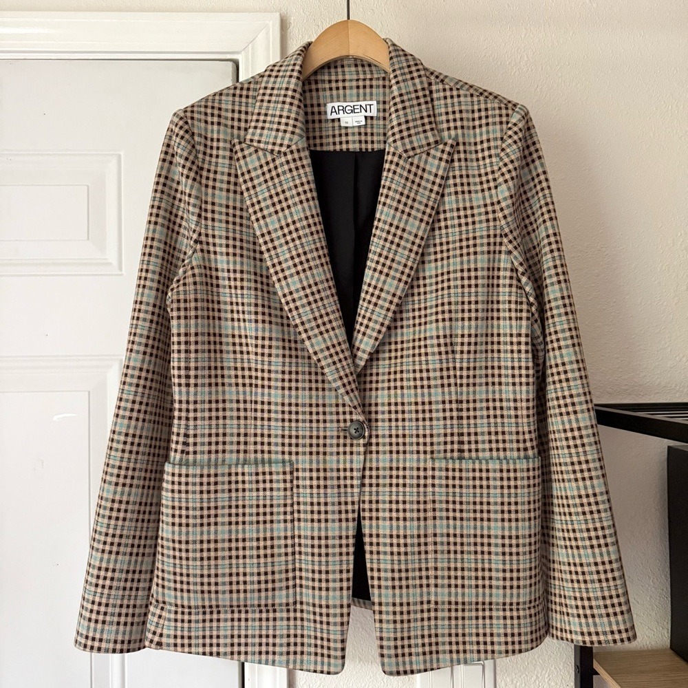Argent tan green brown plaid check long sleeve one button blazer jacket